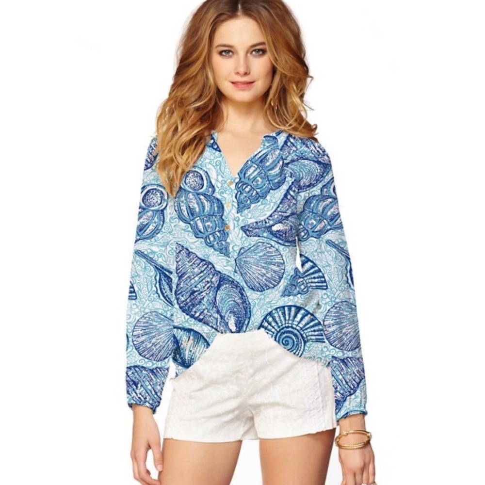 Lilly Pulitzer Silk Elsa Blouse Top True Blue Stuffed Shells